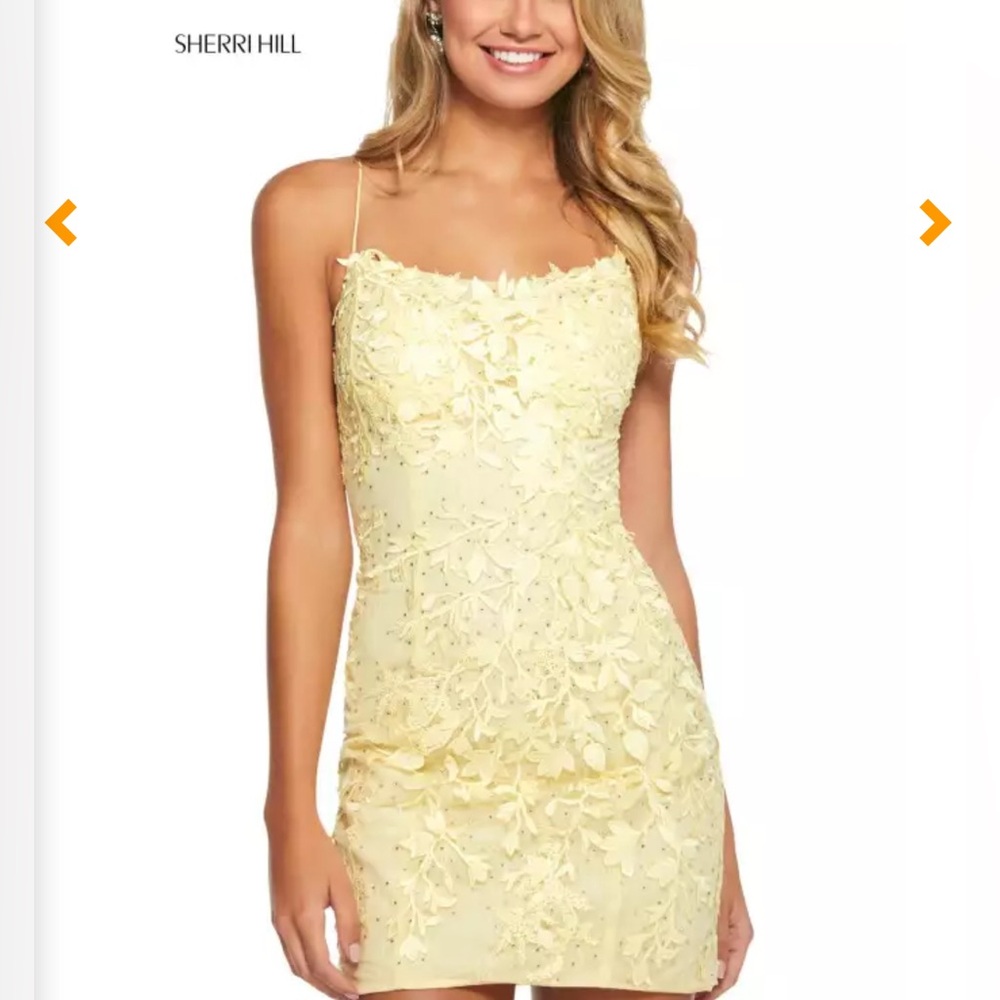 Sherri Hill Strapless Yellow Floral Dress